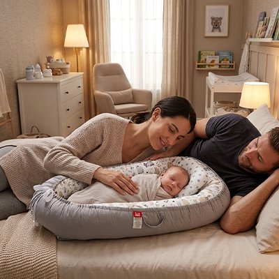 Réducteur de lit pour bébé maman et papa admirent enfant dodo