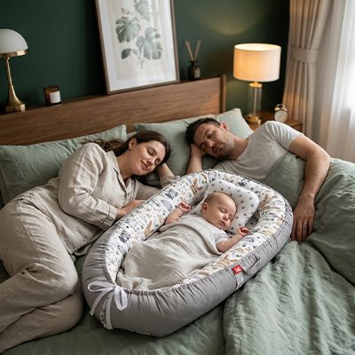 Réducteur de lit pour bébé placé dans le grand lit de maman et papa