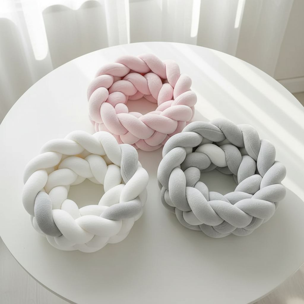 tour de lit bébé complet blanc rose gris sur table
