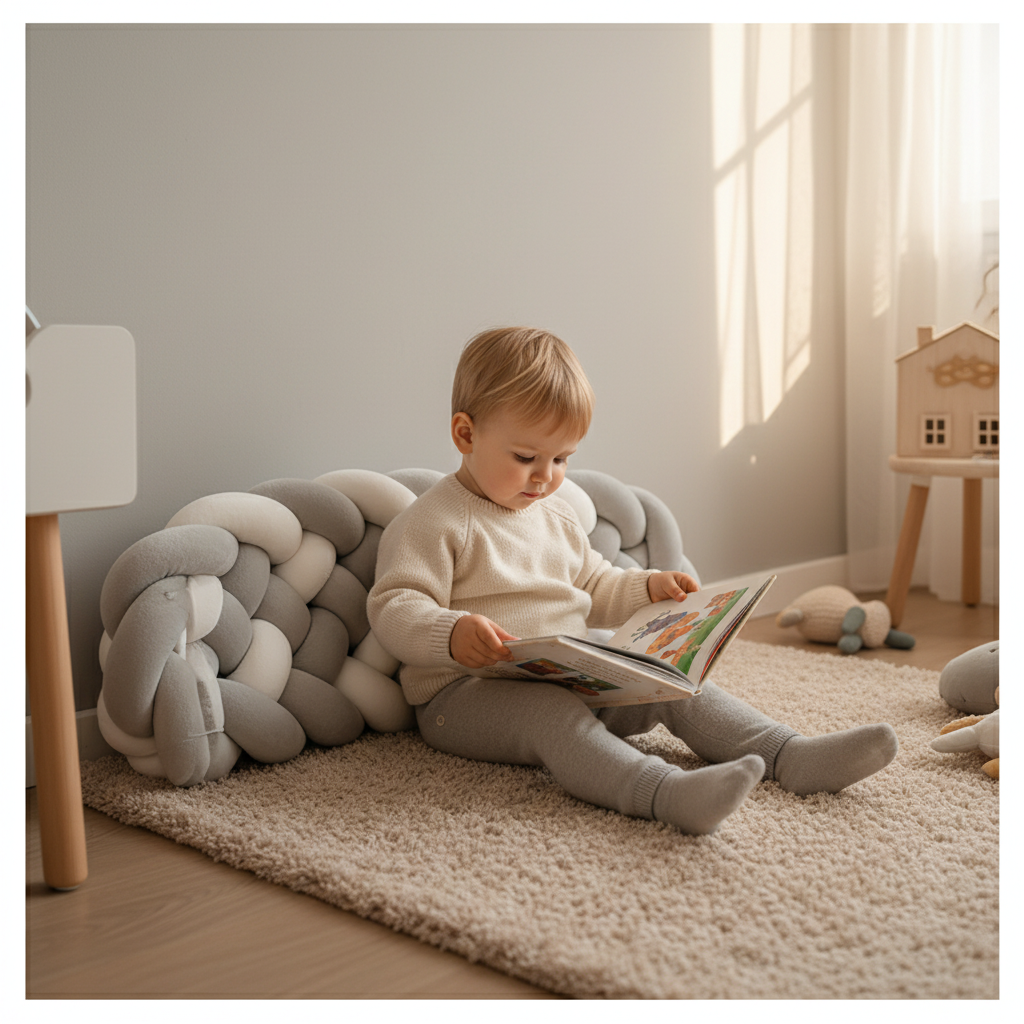 tour de lit bébé complet gris blanc coussin lecture enfant