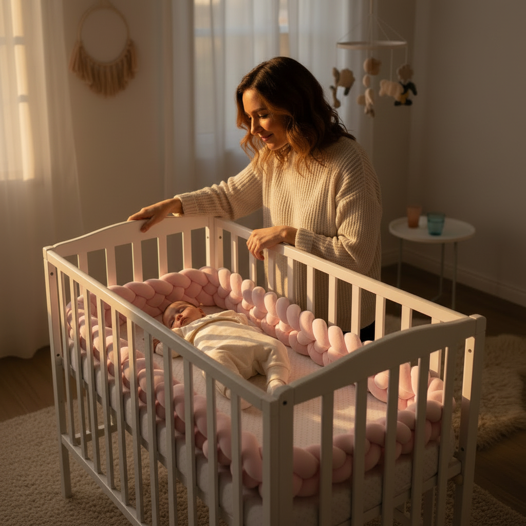 tour de lit bébé complet rose maman  avec nourrisson endormi
