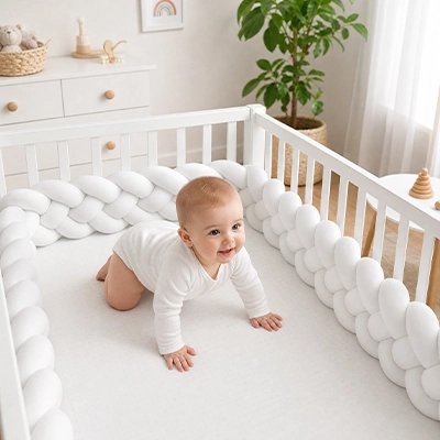 Tour de lit tressé 1m bébé joue dans le lit