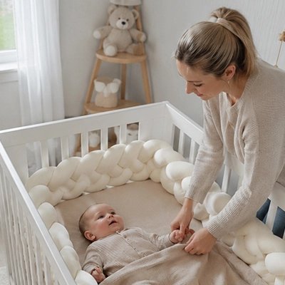 Tour de lit tresse blanc maman arrange bébé pour dormir