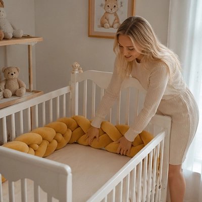 Tour de lit tresse jaune orangé installé dans berceau blanc