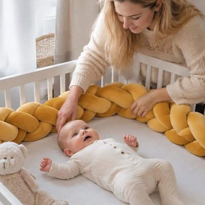 Tour de lit tresse protégeant bébé avec maman.