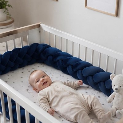 Tour de lit tresse protégeant bébé dans lit