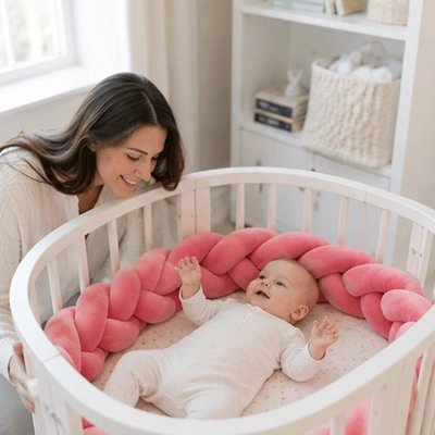Tour de lit tresse rose maman regarde bébé couché