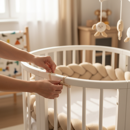 tresse de lit bebe coton beige installation barreaux mains parent