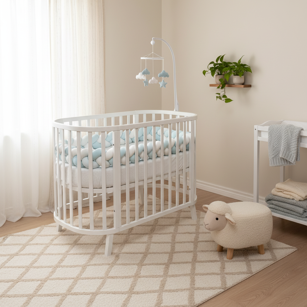 tresse de lit bebe coton bleu ciel blanc chambre nordique decoree