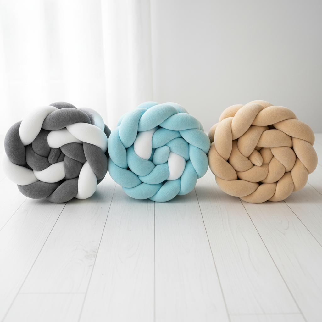 tresse de lit bebe coton trois couleurs gris bleu beige enroulees