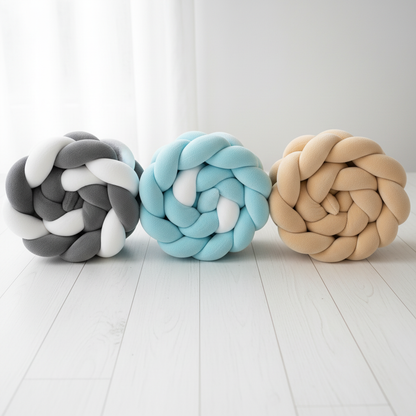 tresse de lit bebe coton trois couleurs gris bleu beige enroulees