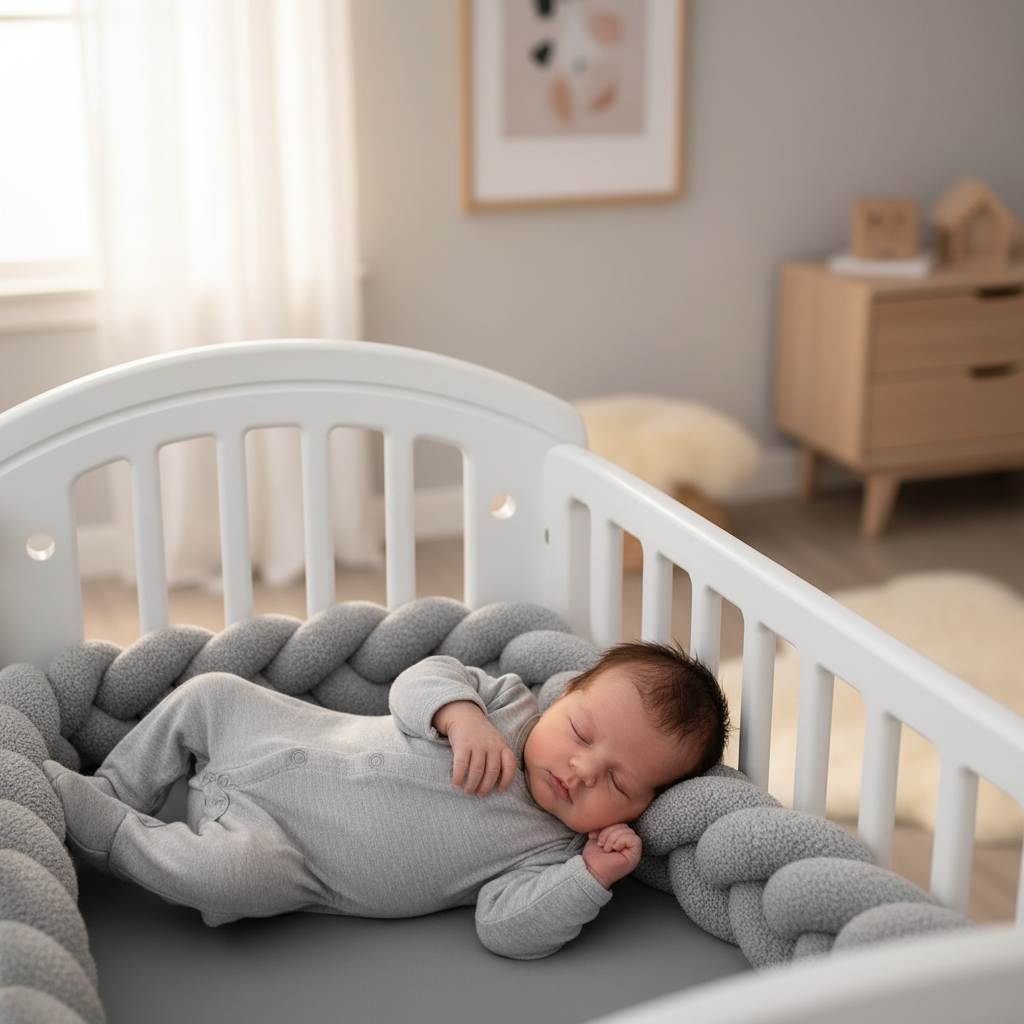 tresse de lit bébé gris bebe mains contact douceur lit blanc