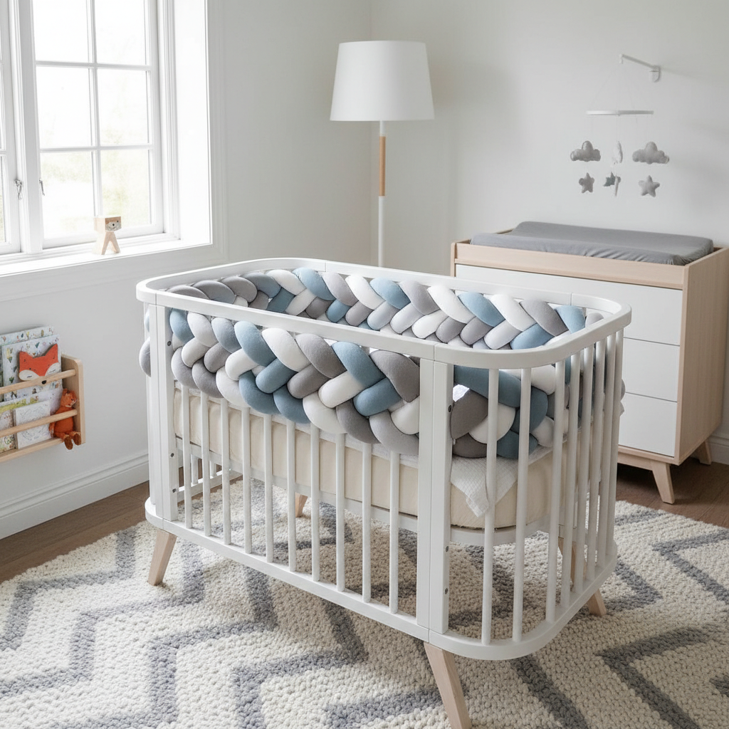 tresse de lit bebe scandinave chambre nordique decoree gris blanc bleu