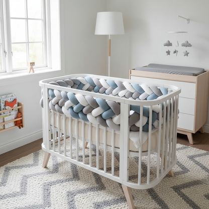 tresse de lit bebe scandinave chambre nordique decoree gris blanc bleu