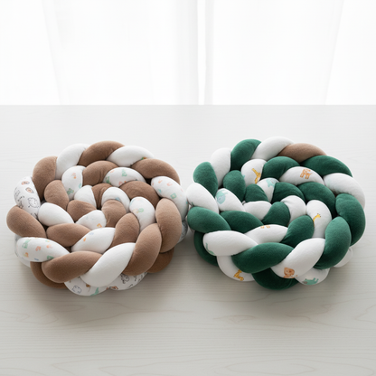 tresse de lit bebe ultra douce deux coloris brun vert enroulees table