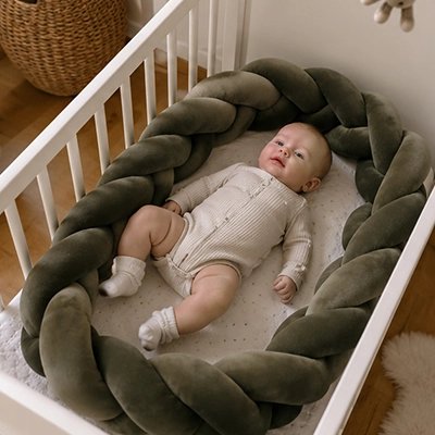 Tresse de lit marron kaki entourant bébé dans berceau