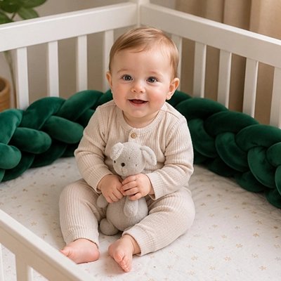 Tresse de lit vert protégeant bébé assis avec peluche