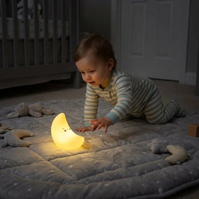 Veilleuse bébé en forme de lune éclairant un enfant à genoux