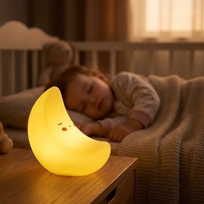 Veilleuse bébé lune allumée sur un meuble devant l'enfant endormi