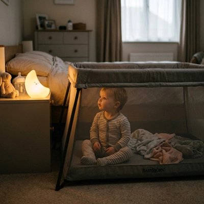 Veilleuse bébé lune éclairant un enfant assis dans son lit