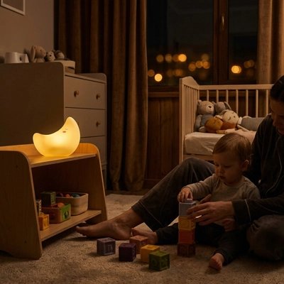 Veilleuse bébé lune éclairant un enfant jouant avec des cubes