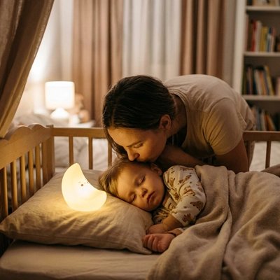 Veilleuse bébé lune près d'un enfant endormi embrassé par sa mère