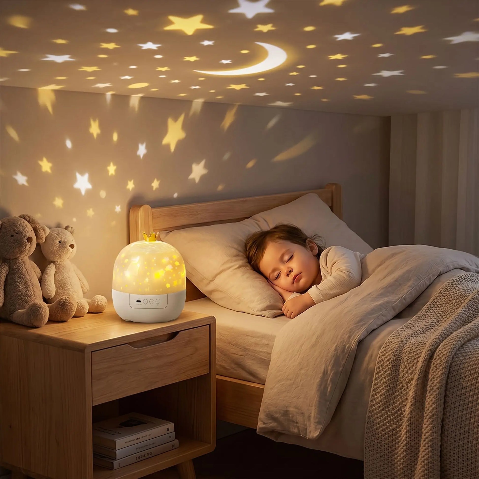 veilleuse bébé projection plafond blanc enfant dort au lit 