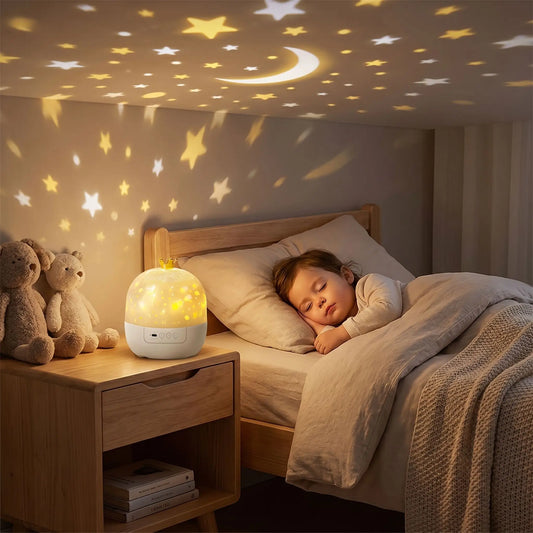 veilleuse bébé projection plafond blanc enfant dort au lit 